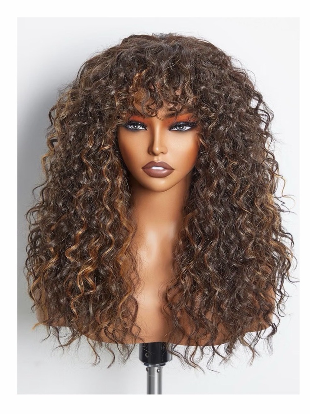 NEW Wavy Curly Brown Highlight Wig with Bangs - Women Veralux blend human hair